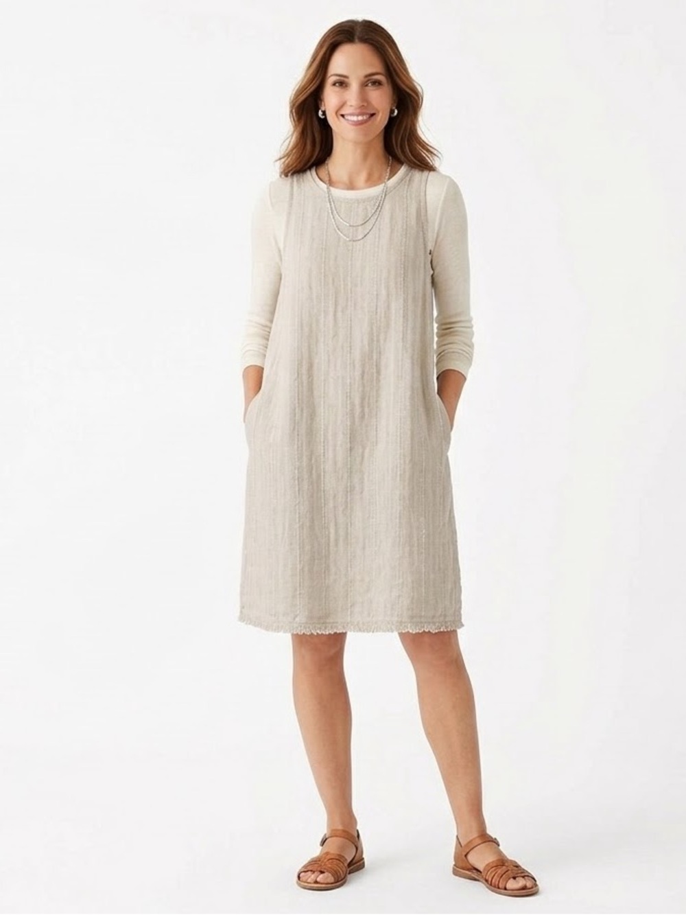 Garnet Hill 4 Natural Beige 100% Linen Sleeveless Shift Dress Pockets Raw Hem